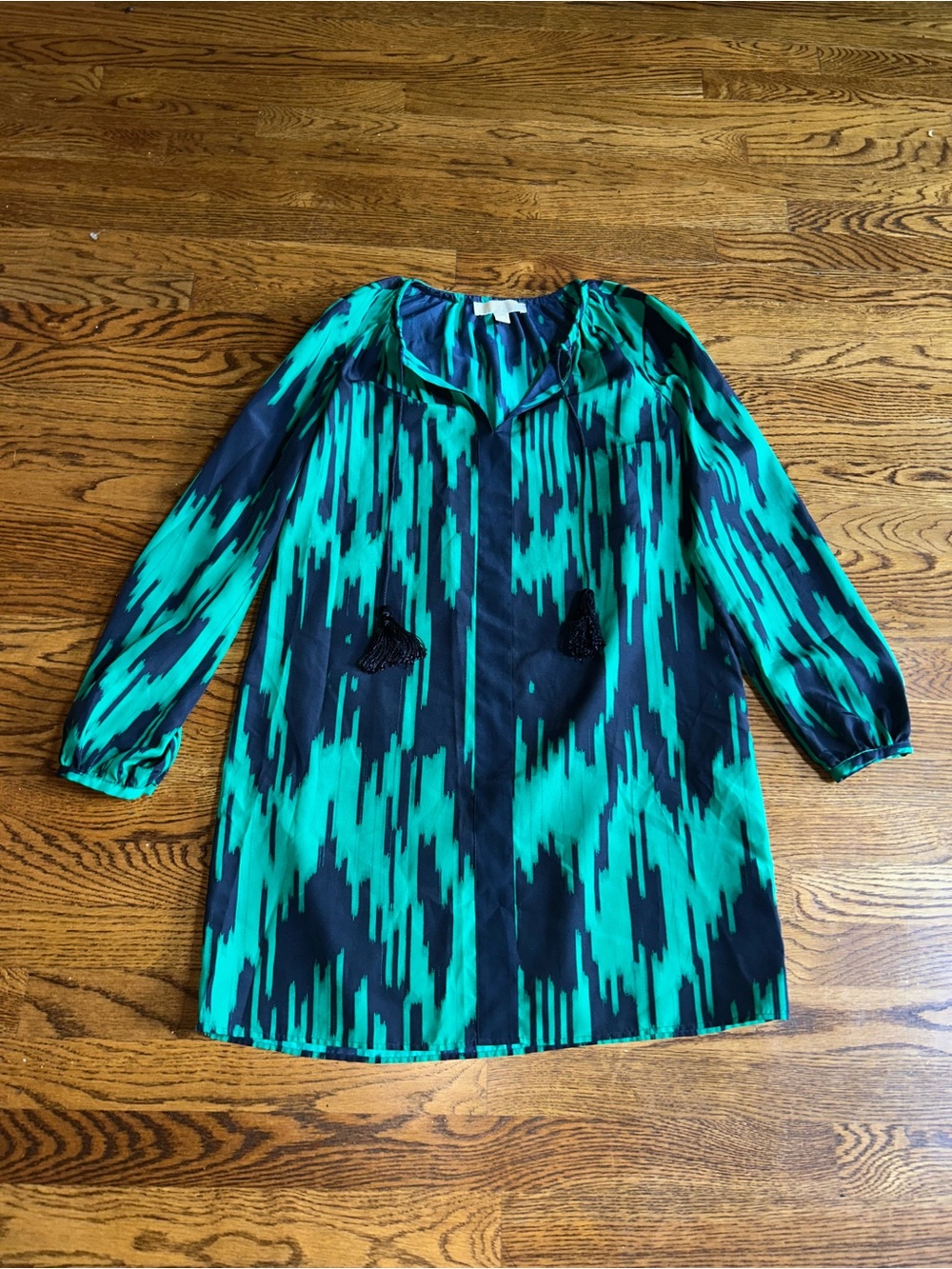 Michael Kors Printed Tassel Tie Mini Dress Green Navy Long Sleeve Size Small - Picture 3 of 9
